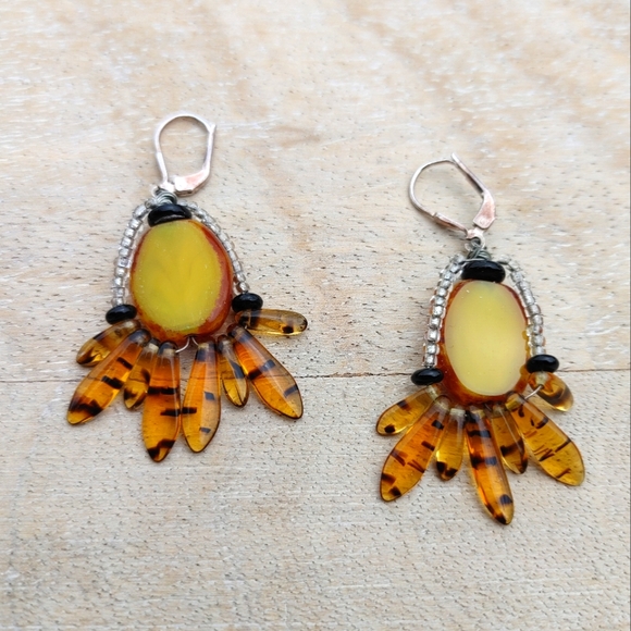 Artisan Jewelry - Artsy Amber and Beaded Earrings with leverback hooks (2")